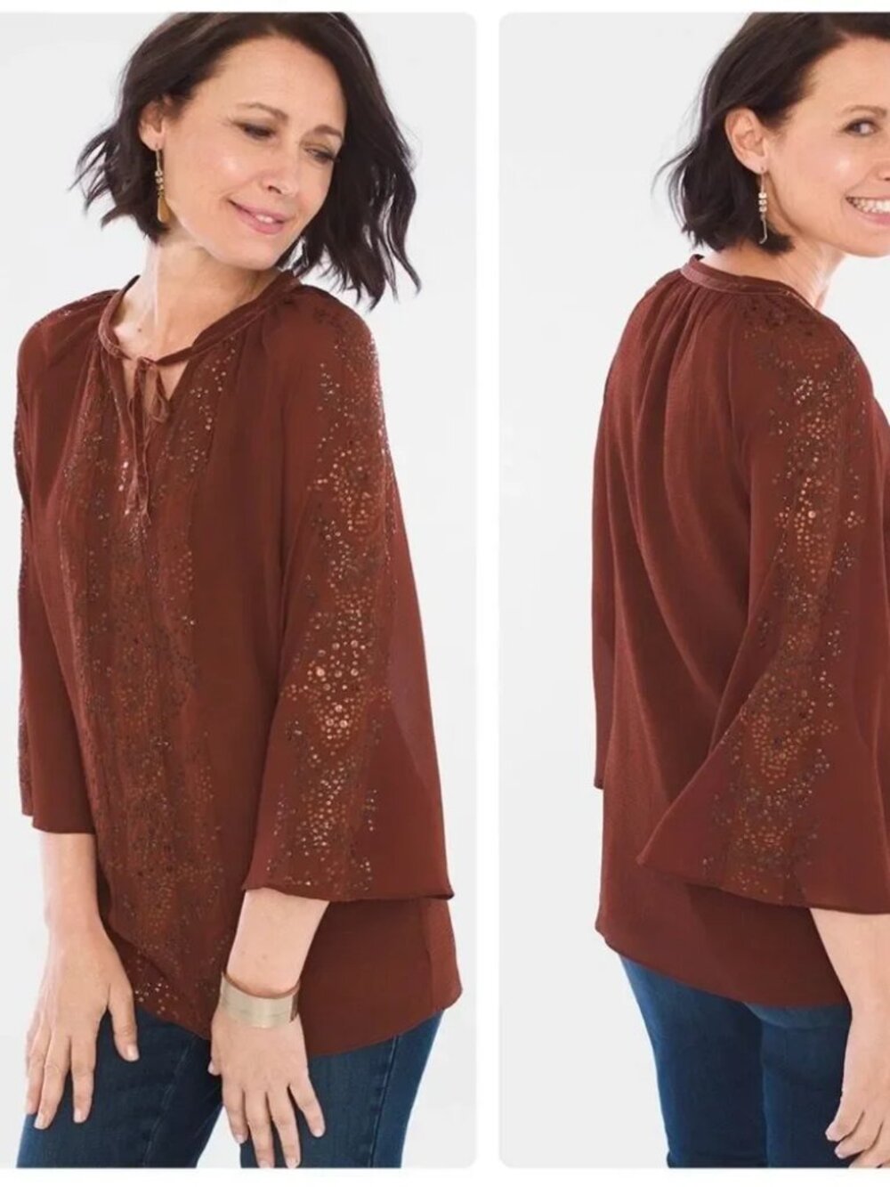 Chico's Embellished Peasant Top in Rich Mahogany, size L (Chico's 2) - NWT!